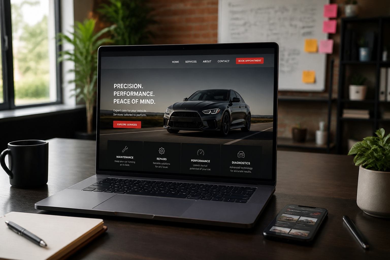 Notebook com layout de site institucional sobre a mesa